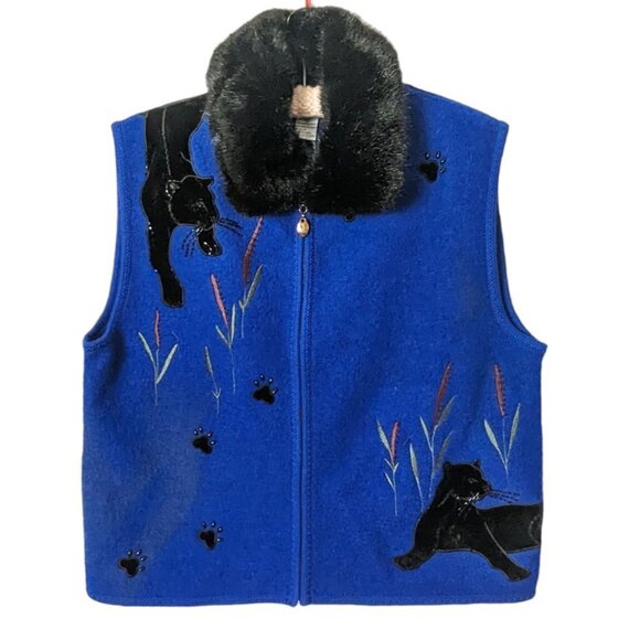 NWT Vintage Wool Faux Fur Panther Cat Vest Jacket Embroidered XL - Picture 1 of 7